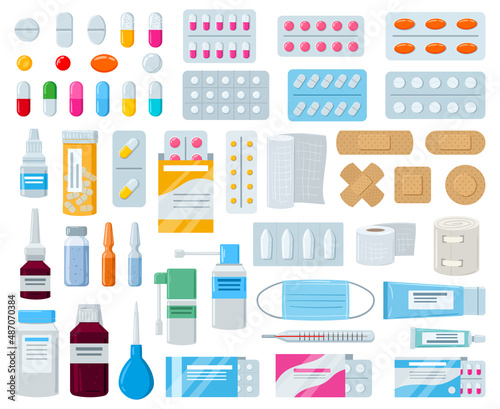 Cartoon pharmacy medication, pills bottle, drugs and patches. Medicines, sprays and pharmaceuticals hospital equipment vector illustration set. Pharmacy elements