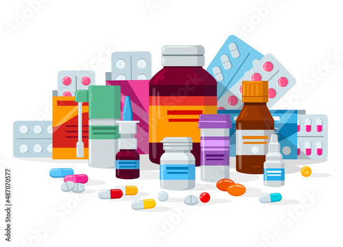 Cartoon medications, pill, drug and throat spray. Medicine bottles, capsules and pill blisters vector background illustration. Medicines supplements concept