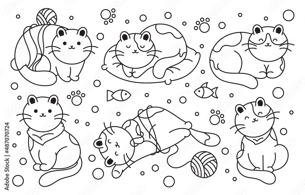 A set of illustrations of cats. Pets with toys, a ball and a fish. Doodles isolated on a white background. A set of illustrations of cats. Pets with toys, a ball and a fish. Doodles isolated on a white background.