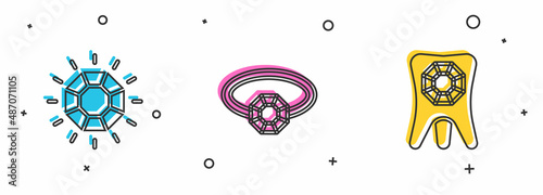 Set Diamond, engagement ring and Tooth with diamond icon. Vector