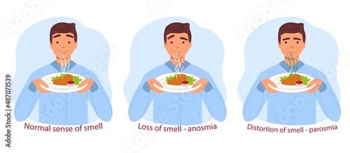 Normal sense of smell, anosmia and parosmia are the consequences of a coronavirus infection. A man sniffs a plate of food. Vector flat illustration isolated on white background