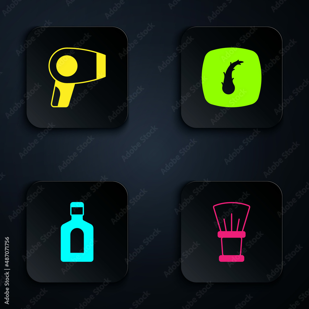 Set Shaving brush, Hair dryer, Bottle of shampoo and Human hair follicle. Black square button. Vector Set Shaving brush, Hair dryer, Bottle of shampoo and Human hair follicle. Black square button. Vector