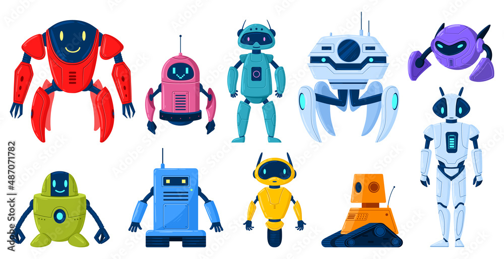 Cartoon robot characters, technology mascots or mechanical toys