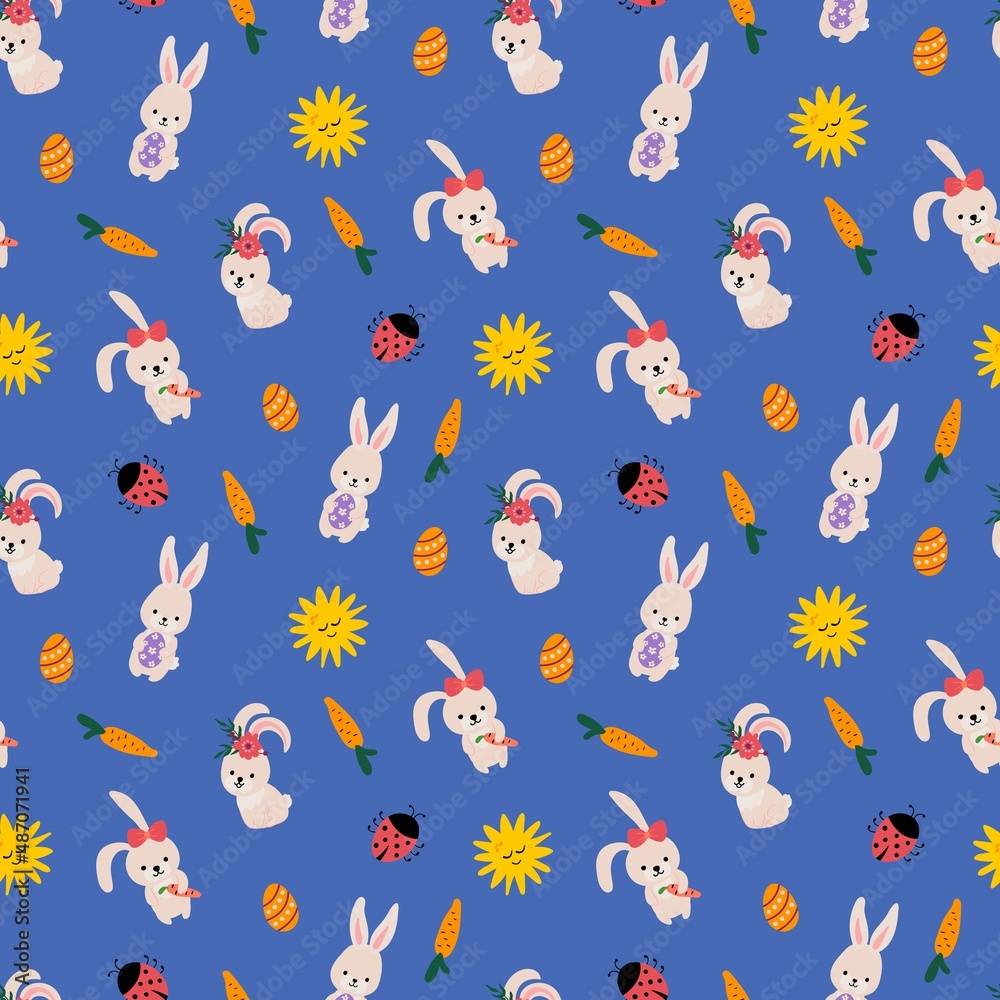 Easter seamless pattern. Drawn Easter bunnies with eggs and carrots. Design for fabric, textile, packaging.	