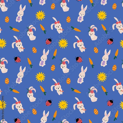 Easter seamless pattern. Drawn Easter bunnies with eggs and carrots. Design for fabric  textile  packaging. 