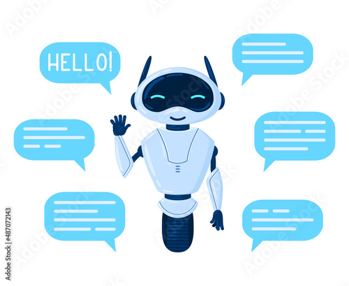 Cartoon chat bot character, cute online assistant. Friendly personal assistant, smiling chatbot with speech bubbles vector illustration. Chatbot customer service