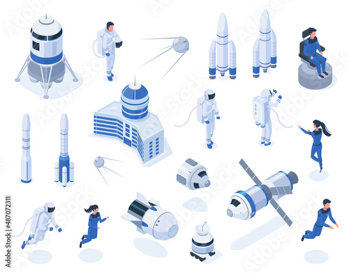 Fototapeta Naklejka Na Ścianę i Meble -  Isometric space bodies, astronaut, satellites and spacecraft. Outer space exploration, lunar rover and rockets vector illustration set. Space technology and astronautics