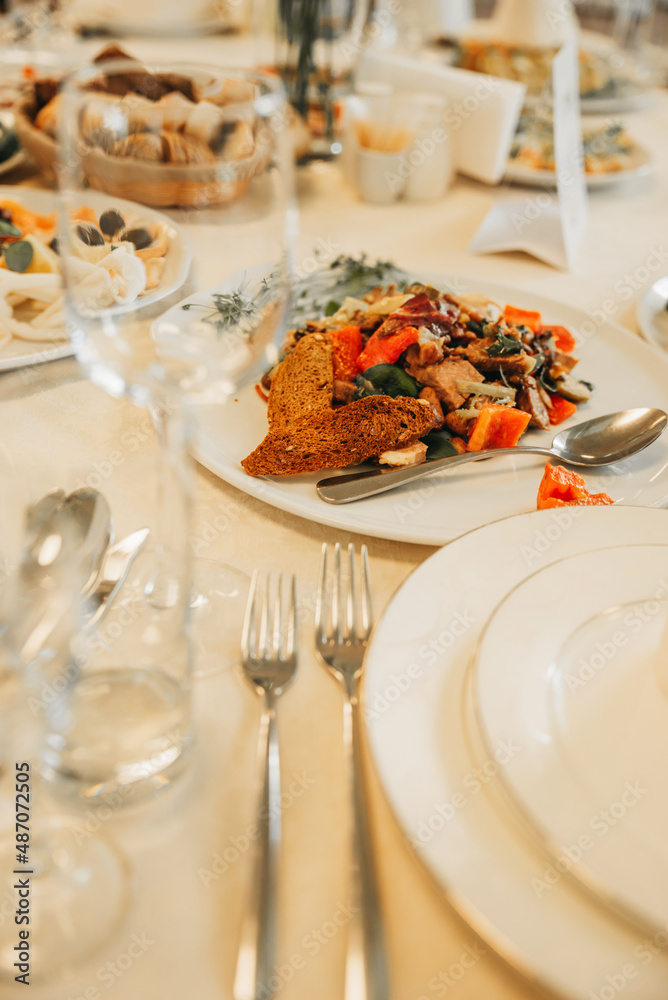 Food on the table. Dishes. Wedding table. Serving. Food on the table. Dishes. Wedding table. Serving.