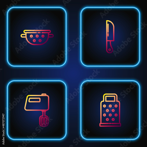 Set line Grater, Electric mixer, Kitchen colander and Knife. Gradient color icons. Vector