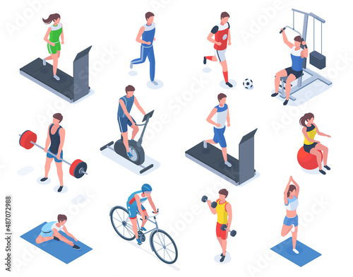 Isometric sport people, fitness, gym and yoga. People training on exercise bike and treadmill vector illustration set. Barbell lifting and football characters photo