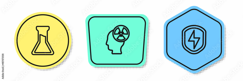 Set line Test tube and flask, Head radiation symbol and Secure shield with lightning. Colored shapes. Vector Set line Test tube and flask, Head radiation symbol and Secure shield with lightning. Colored shapes. Vector