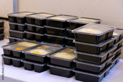 Lunch box with food. for catering or food delivery ready to be taken away, all served in disposable plastic packaging
