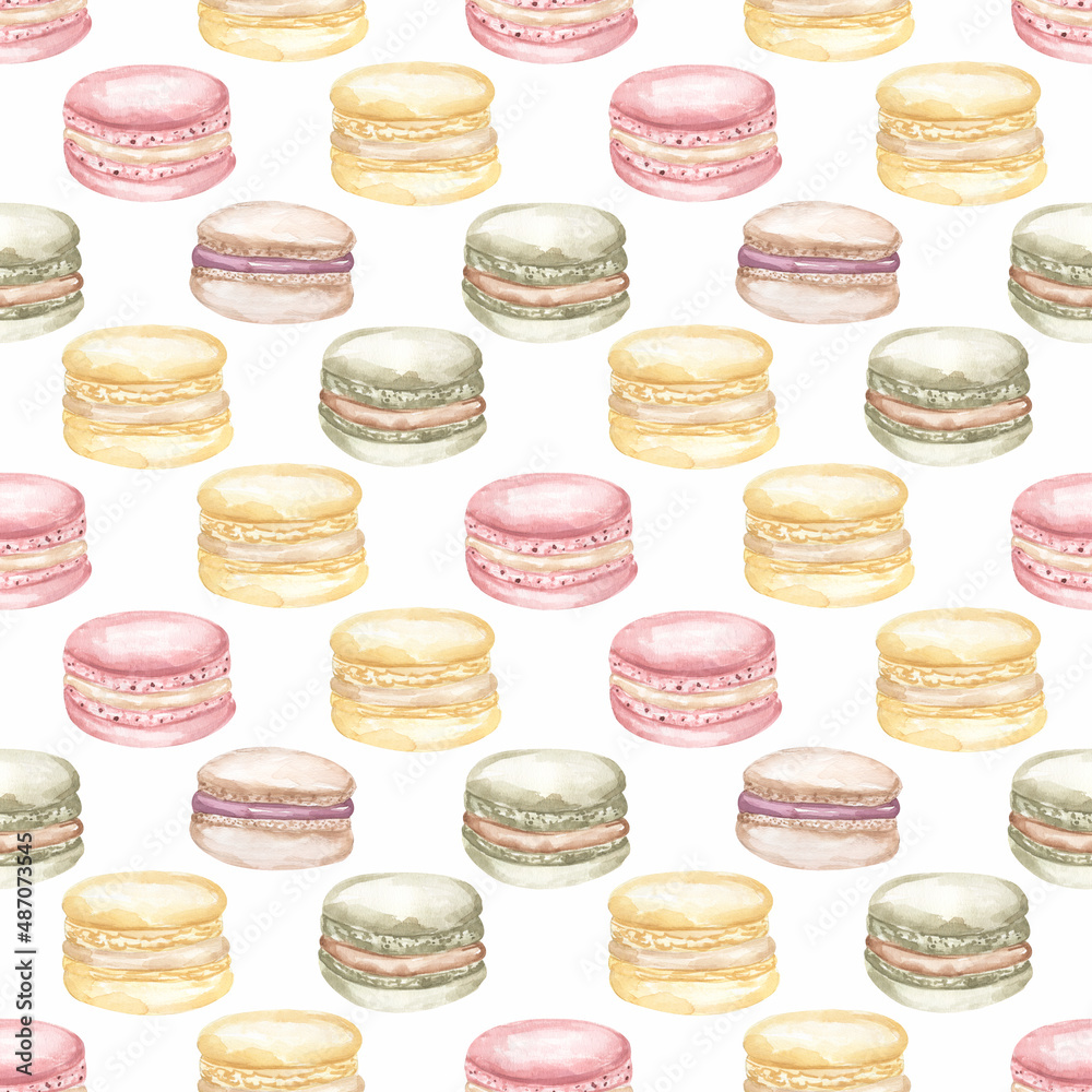 Watercolor Yummy Sweets repeat Paper, Macaron scrapbook paper , sweets wrapping paper, Hand drawn Bakery seamless pattern, food print for fabric, endless print