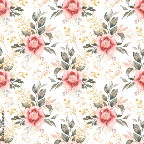 Fototapeta Naklejka Na Ścianę i Meble -  Leaves Branch and peony flowers with gold butterfly Repeat Paper, Watercolor Gray and Beige Foliage Seamless Pattern, Greenery Paper, floral endless paper, Scrapbook paper