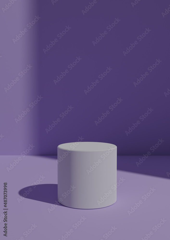 Simple, Minimal 3D Render Pastel Purple Background for Product Display with One Stand or Cylinder Podium. Bright Light From a Window From the Right Side with Copy Space Simple, Minimal 3D Render Pastel Purple Background for Product Display with One Stand or Cylinder Podium. Bright Light From a Window From the Right Side with Copy Space