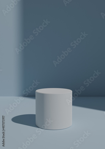 Simple, Minimal 3D Render Light, Pastel Blue Background for Product Display with One Stand or Cylinder Podium. Bright Light From a Window From the Right Side with Copy Space © Little River