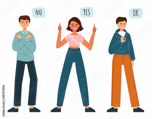 People showing positive, neutral and negative gestures. Male and female characters with contrast emotions vector illustration set. Young people show various gestures