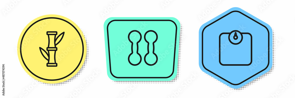 Set line Bamboo, Dumbbell and Bathroom scales. Colored shapes. Vector