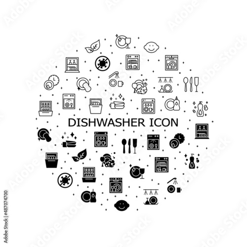 Dishwasher flat line icons set. Household appliance for washing utensil, dishware, clean dishes. Simple flat vector illustration for clinic, web site or mobile app