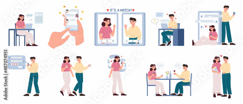 Online dating mobile app, cute couple romantic relationships. Mobile app communication, perfect match, relationship and love vector illustration set. Romantic dating app