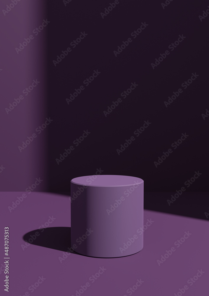 Simple, Minimal 3D Render Dark Purple Background for Product Display with One Stand or Cylinder Podium. Bright Light From a Window From the Right Side with Copy Space Simple, Minimal 3D Render Dark Purple Background for Product Display with One Stand or Cylinder Podium. Bright Light From a Window From the Right Side with Copy Space