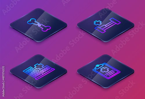 Set Isometric line Human broken bone, Hospital building, bed and Patient record. Blue square button. Vector
