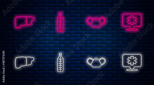 Set line Medical thermometer, protective mask, Human organ liver and Location hospital. Glowing neon icon on brick wall. Vector