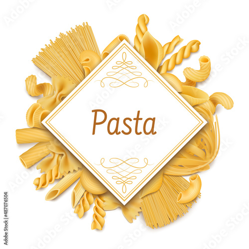 Pasta poster, italian cuisine dry macaroni background. Raw wheat food, italian cuisine dish ingredients vector illustration. Organic pasta poster
