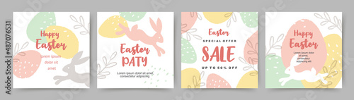  Happy Easter square banners templates. Cute bunny and eggs in pastel colors.Vector backgrounds for social media posts, mobile apps, greeting cards, invitations, banner design and web ads, sale poster