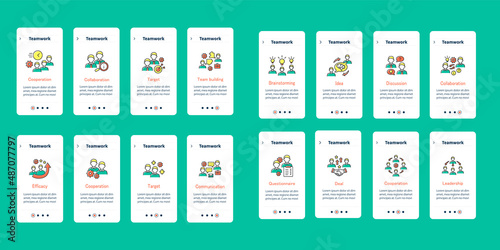 Teamwork mobile app screen. Achieving common goals, xchanging ideas and strategies. Teamwork steps menu. Set of UI, UX, web template with RGB color linear icons