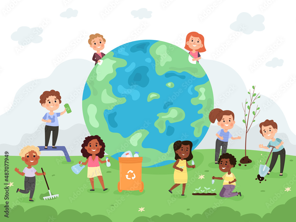 Kids take care of earth, day, environment protection kindergarten activity. Children help to protect the world vector illustration set. Kids saving earth from waste Kids take care of earth, day, environment protection kindergarten activity. Children help to protect the world vector illustration set. Kids saving earth from waste