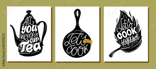 Cute hand drawn doodle lettering postcard about food. Lettering poster about eat, drink, cooking.