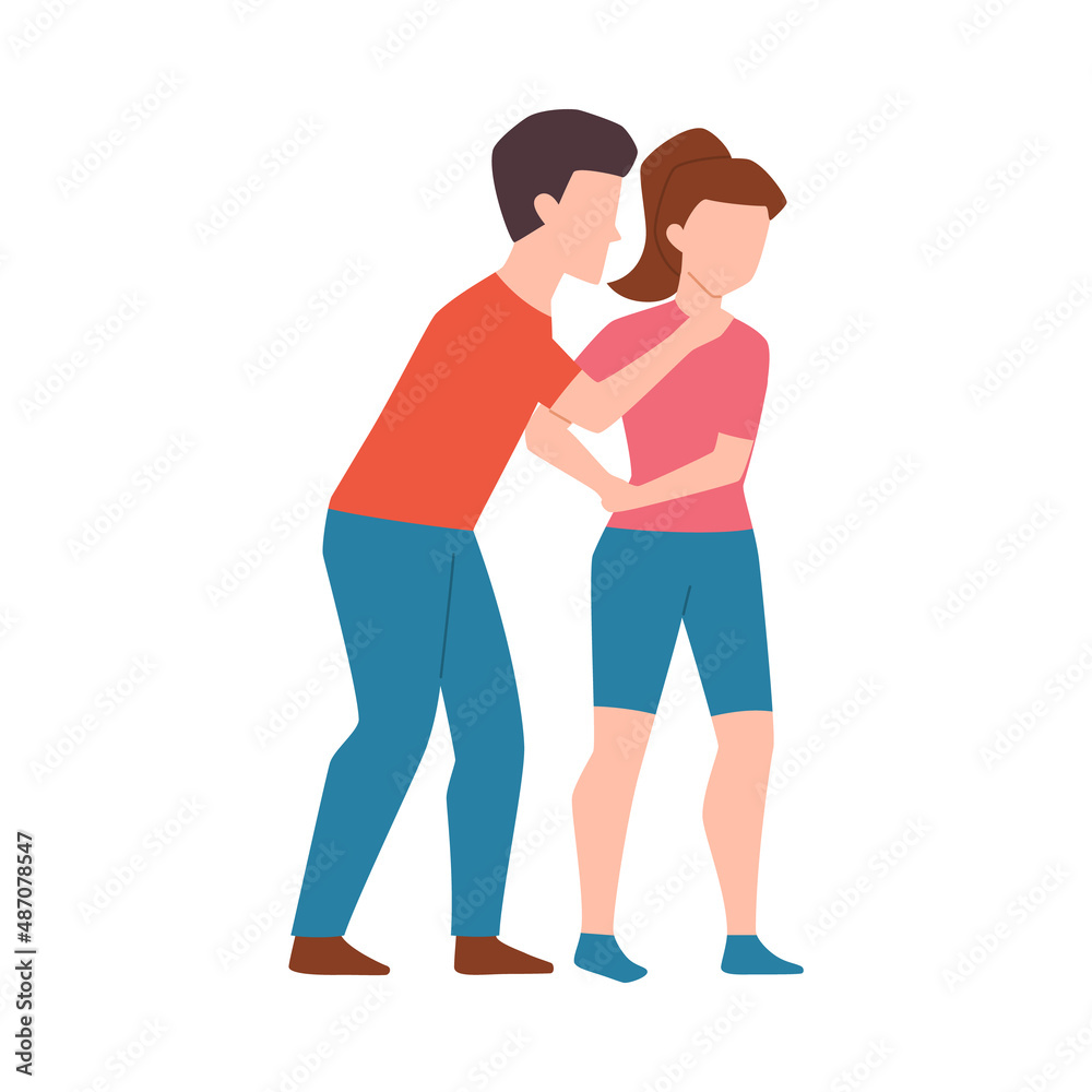 Woman defends herself from attacking man, flat vector illustration isolated.