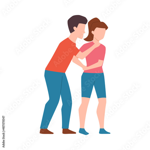 Woman defends herself from attacking man, flat vector illustration isolated.