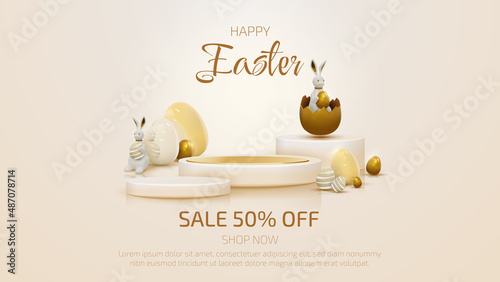 3d product display podium and realistic bunny with gold easter egg elements. Banner template design.