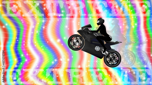 Bright sports extreme poster with a black motorcycle and a sexy lady in a tight latex catsuit and helmet