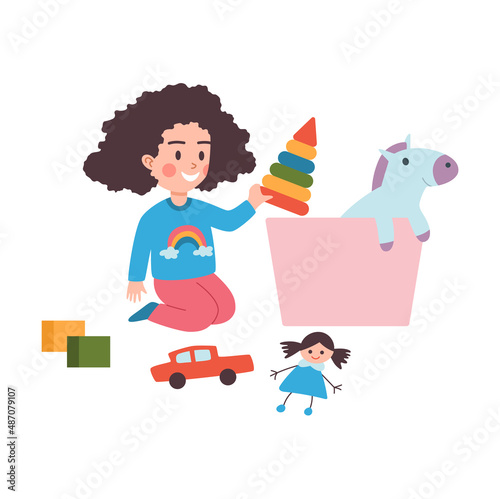 Kid collects her toys and cleans up house, flat vector illustration isolated.