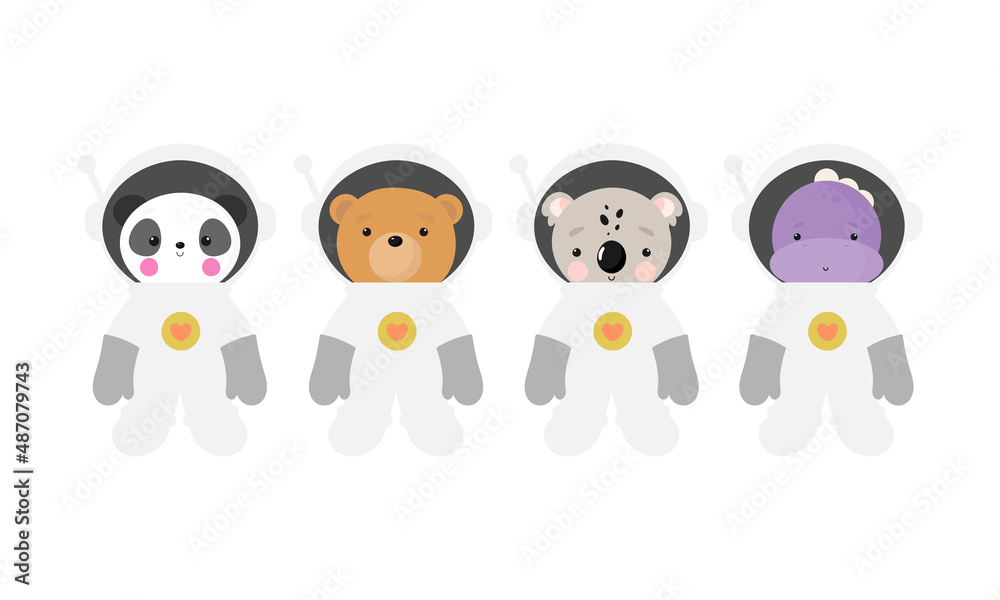 Vector set with Cosmonaut Animals in cartoon style. Bear, Panda, Koala, Dinosaur in space suits. Good for party invitations, birthday cards, stickers, prints etc. Vector set with Cosmonaut Animals in cartoon style. Bear, Panda, Koala, Dinosaur in space suits. Good for party invitations, birthday cards, stickers, prints etc.
