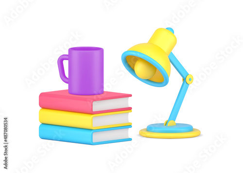 Reading interesting books coffee tea mug and table lamp enjoying favorite educational hobby 3d icon