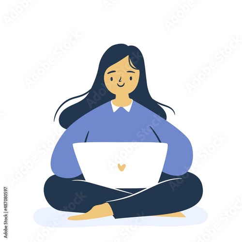 Woman working on laptop. Isolated sitting woman vector illustration.