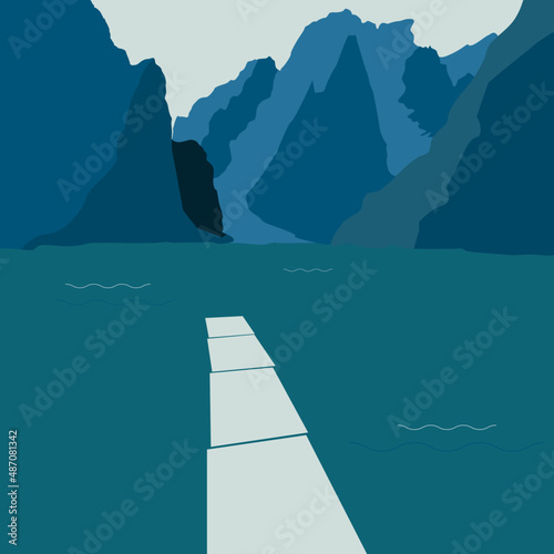 Mountain lake landscape vector illustration. Peaceful nature background, banner, poster, cover.