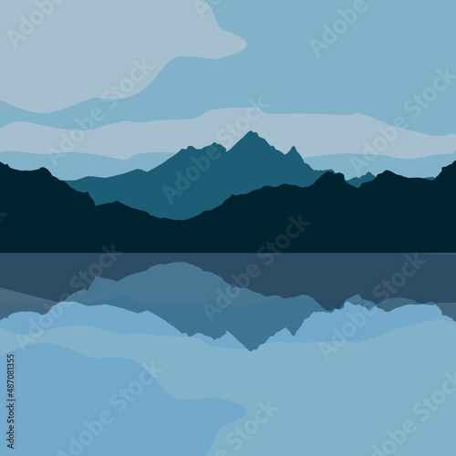 Mountain lake landscape vector illustration. Peaceful nature background, banner, poster, cover.