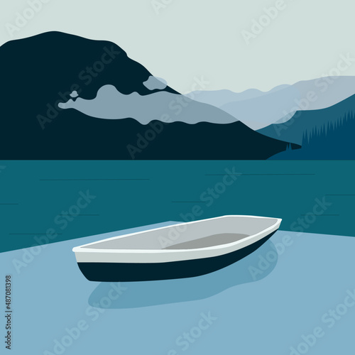 Mountain lake landscape vector illustration. Peaceful nature background, banner, poster, cover.