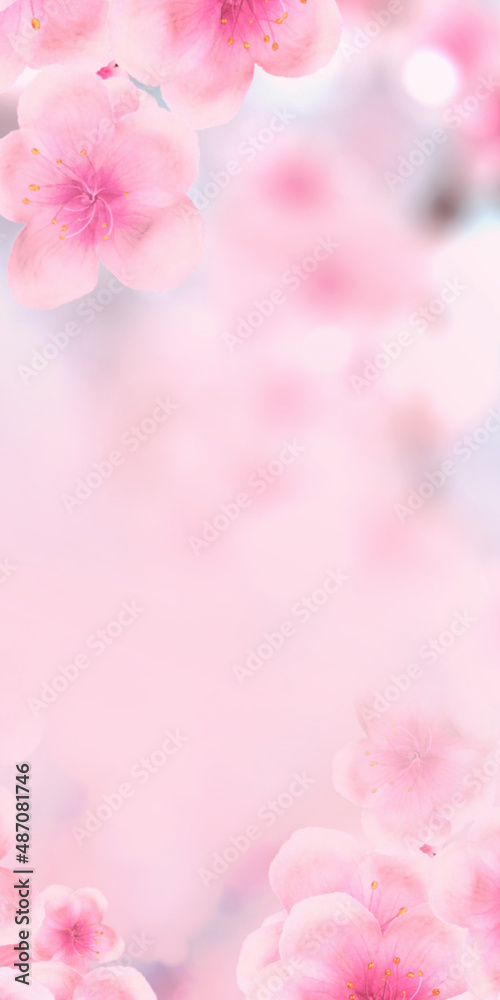 vertical Japanese Spring Sakura cherry blossoms 120x240 ratio website small skyscraper banner background. 3D Illustration Clip-Art floral spring petal design header. copy space in pink and white