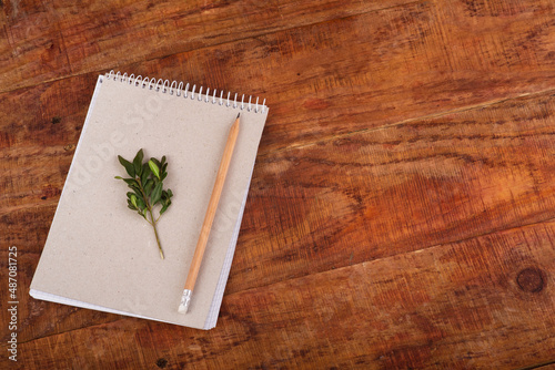 Organic notebook, green leaf on the wooden background. Zero waste concept, copy space