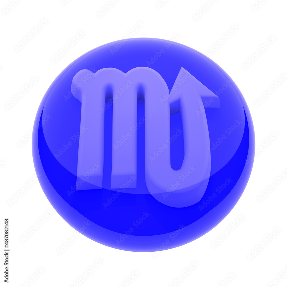 Color icon of the zodiac sign on a white background. Scorpio is the sign of Water, Blue. White sign in a rounded glass tablet. 3D render. Color icon of the zodiac sign on a white background. Scorpio is the sign of Water, Blue. White sign in a rounded glass tablet. 3D render.