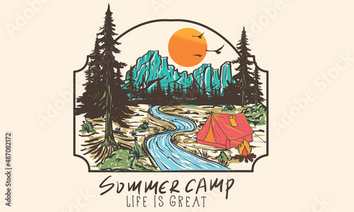 Wild life graphic print design for t shirt and others. Mountain camping artwork design.