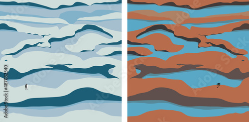 Set of two vector landscape illustrations. Peaceful nature background, banner, poster, cover.