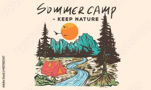 Mountain river graphic print design for t shirt and others. Mountain camping vector artwork design.