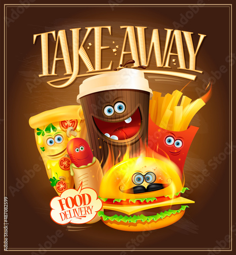 Take away food poster, chalkboard vector illustration